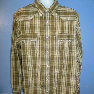 Men Lucky Brand Dungarees Olive Green Plaid Pearl Snap Long Sleeve Shirt XXL